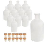 gouveo 12 unidades botellas de vidrio 250 ml (0,25 l) Botella tipo farmacia redonda blanco mate con corcho para rellenar, licor, aceite, vinagre y sirope (AFRF250HGK)
