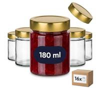 gouveo 16 unidades tarros de vidrio 180 ml (0,18 l) Klassik tarro para conserva y almacenamiento con tapa de rosca Twist-Off dorada (EGC180G)