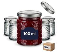 gouveo 18 unidades tarros de conserva 100 ml (0,10 l) tarros pequeños redondos con diseño cristal/diamante, tapa de rosca Twist-Off plateada, con ventana para etiqueta y etiquetas (EGK150S)