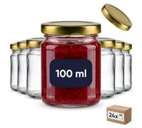 gouveo 24 unidades tarros de conserva 100 ml (0,10 l) tarro de rosca redondo transparente con tapa Twist-Off dorada para porciones, muestras y almacenamiento (EGR100G)