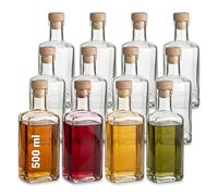 gouveo Juego de 12 Botellas de Vidrio 500 ml Farmacéutico Cuadradas con Corcho (HGK) - Botella 0,5 l para Llenar y Regalar - Botella Vacía para Ginebra, Licor, Aceite, Vinagre (AFET500HGK)