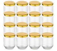 gouveo Juego de 16 tarros 190 ml redondos con tapa de rosca dorada - Pequeños frascos para conservas con cierre de rosca - Tarros para esterilización y almacenamiento (EGR190G)