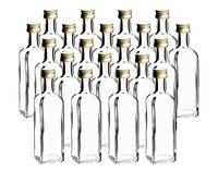 gouveo Juego de 20 botellas de cristal Maraska de 60 ml con tapón de rosca dorado - mini botella de 0,06 l para rellenar - botellas de cristal para licor, aguardiente, aceite o como regalo (MFET060G)