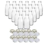 gouveo Juego de 20 Botellas de Cristal para Zumo con tapón de Rosca en Color Plateado y Blanco - Botella de Zumo de 500 ml - Botellas vacías para Zumo, Batidos, Limonada (SF500SW)