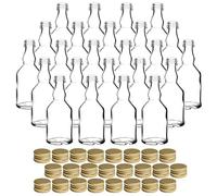 gouveo Juego de 24 botellas de vidrio Mina de 50 ml con tapón de rosca dorado - mini botella de 0,05 l para rellenar - botellas de vidrio para licor, aceite o para manualidades (MFM050G)