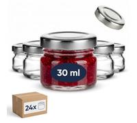 gouveo Juego de 24 botes de conserva 30 ml Mini con tapa de rosca plateado - Mini botes de conservación con tapón de rosca TO43 - Tarros redondos para conservas, mermeladas, especias (EGR030S)