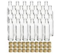 gouveo Juego de 30 botellas de vidrio de 250 ml cuadradas con tapón de rosca dorado - botella de aceite vacía transparente de vidrio para llenar con tapa PP31,5 (MFET250G)