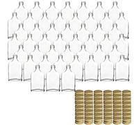 gouveo Juego de 48 botellas de vidrio de 40 ml, petaca con tapón de rosca dorada, mini botella de 0,04 l para llenar, botellas de vidrio para licor, whisky o como regalo (FF040G)