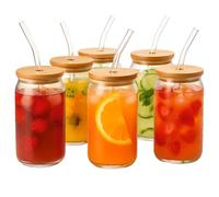 gouveo Juego de 6 vasos de 350 ml con tapa y pajita, vasos de cóctel de cristal transparente, vasos en forma de lata, vasos de cristal con pajita y tapa de bambú (TGR350DT)