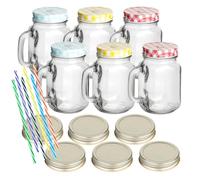 gouveo Juego de 6 vasos para beber de 450 ml con tapa, mezcla de azul, amarillo, rojo y plateado - Vaso con asa y pajita reutilizable - Vasos con asa para jardín, fiesta, cóctel (TGH450SBGR)