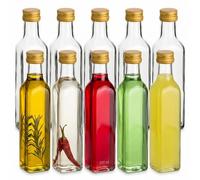 gouveo set de 10 botellas de vidrio Maraska (0,25 l) con tapa de rosca PP31,5 dorada cuadradas para licor sirope aceite vinagre y zumo (MFET250G)