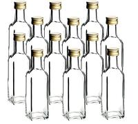 gouveo Set de 12 botellas de vidrio Maraska cuadradas (0,10 l) con tapón de rosca dorado PP24 para licor sirope aceite vinagre y degustación (MFE100TG)