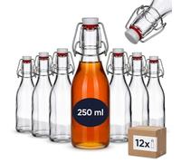 gouveo Set de 12 botellas de vidrio redondas de 250 ml con cierre mecánico de estribo (0,25 l) - Botellas vacías para rellenar con sirope, zumo, aceite, vinagre y licor casero (BFR250)