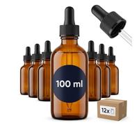 gouveo Set de 12 frascos cuentagotas redondos (0,10 l) con tapón de rosca y pipeta de vidrio de cristal ámbar estilo botica para aceites esencias extractos perfumes y tinturas