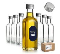 gouveo Set de 24 botellas de vidrio Maraska (0,10 l) con tapón de rosca PP 24 cuadradas de cuello estrecho para licor sirope aceite y vinagre (MFET100S)