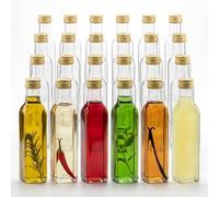 gouveo set de 24 botellas de vidrio Maraska (0,25 l) con tapón de rosca PP31,5 dorado cuadradas transparentes para licor sirope aceite y vinagre (MFET250G)
