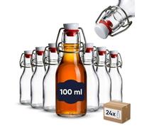 gouveo Set de 24 botellas de vidrio redondas (0,1 l) con cierre de clip para licor sirope aceite vinagre zumo porciones y muestras (BFR100)