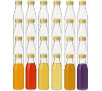 gouveo set de 24 botellas de vidrio Retro (0,33 l) con tapón de rosca PP28 dorado redondas de cuello estrecho para zumo sirope aceite vinagre licor (SFR330G)