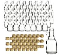gouveo Set de 48 botellas de vidrio con asa (0,05 l) con tapón de rosca PP 18 dorado mini botellas redondas de cuello estrecho para licor aceite vinagre sirope (HF050SG)