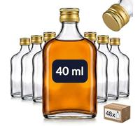 gouveo Set de 48 botellas de vidrio mini tipo petaca (0,04 l) con tapón de rosca dorado PP18 para licor degustación detalles y DIY (FF040G)