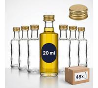 gouveo Set de 48 mini botellas de vidrio Dorica (0,02 l) con tapón de rosca PP18 dorado para licor aceite vinagre degustación y detalles (DFT020G)