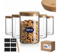 gouveo Set de 6 tarros de almacenamiento clásicos (0,50 l) con tapa de bambú a presión de vidrio borosilicato redondos para despensa y cocina (BGR500B)