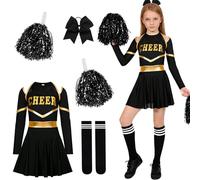GOUYENG Disfraz de Animadora para Niña,Disfraz Cheerleader,Uniforme Cheerleader,Uniforme de Cheerleaders,con Pompones y Calcetines A Rayas y Tocado,para Carnaval,Mardi Gras,Fiesta Temática