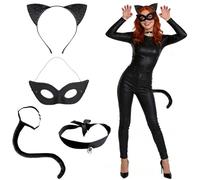 GOUYENG Disfraz de Gato Accesorios,4 Piezas Kit Disfraz Gata Accesorios Mujer,Accesoriosi para Disfrazs de Gato,Orejas de Gatos Rabo de Gatos Máscara Gargantilla,para Cosplay Disfrazs de Carnaval