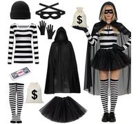 GOUYENG Disfraz de Ladrón de Bancos,9 Piezas Mujeres Adultas Juego de Vestuario de Ladrones,Disfraz de Ladrona,para Carnaval,Mardi Gras,Fiesta Temática,Víspera de Todos los Santos