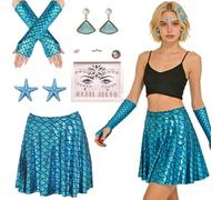 GOUYENG Falda de Sirena para Playa,5 Piezas Disfraz de Sirena,Disfraz de Fiesta para Mujer,Falda de Escamas de Pescado,Gemas Facial,Guantes Codo Sirenas,para Fiestas,Carnaval,Disfraces de Halloween