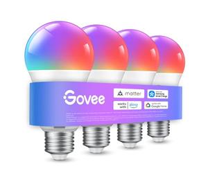 Govee Bombilla LED E27 Inteligentes WiFi y Bluetooth, Compatible con SmartThings, Matter, Alexa y Google Assistant, 800LM, 16 Millones de Colores DIY RGBWW, Bombilla Inteligente, Juego de 4