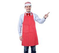 GOWENIC Delantal de Camarero de Carnaval a Rayas con Gorro | Conjunto de Disfraz Rojo y Blanco para Camarero de Chef Adulto y Fiesta de Circo