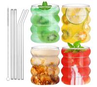 Gowkeey Vasos de Cristal Ondulados Estilo Vintage, Juego de 4 Vasos de Cristal Agua, Vasos de Vidrio de Burbujas con Pajita y Cepillo, Juego de Vasos Agua para Café, Yogur, Soda, Batidos, Cocktail