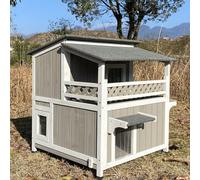Gowoodhut Refugio para gatos Feral resistente a la intemperie - Casa de madera para gatos de dos pisos exterior casa para gatos salvajes con balcón impermeable, puerta de escape