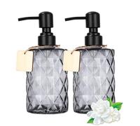 Goxiry Dispensador de jabón de cristal negro y gris, 2 unidades, dispensador de detergente con 2 etiquetas de madera y cabezal de bomba de acero inoxidable de 350 ml, dispensador de jabón para baño,
