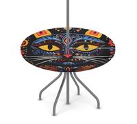 Goxnero Mantel redondo con diseño abstracto floral de gato étnico con agujero para paraguas y cremallera, mantel redondo impermeable para fiesta, picnic, patio (apto para mesa de 36 a 44 pulgadas)