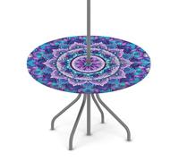 Goxnero Mantel redondo con diseño de mandala y flores moradas con agujero para paraguas y cremallera, mantel redondo lavable e impermeable para fiesta, picnic, patio (apto para mesa de 36 a 44