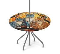 Goxnero Mantel redondo con diseño de ramas de árbol de tres gatos con agujero para paraguas y cremallera, mantel redondo lavable ajustable impermeable para fiesta, picnic, patio (apto para mesa de 36