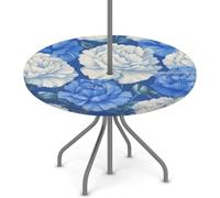 Goxnero Mantel redondo con patrón de clavel azul y blanco con agujero para paraguas y cremallera, mantel redondo impermeable para fiesta, picnic, patio (apto para mesas de 45 a 56 pulgadas)