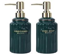 GOYISEE Ceramic Soap Dispenser Pump 14OZ for Bathroom & Kitchen | Hand & Body Soap Refill Bottle with Gold Pump & Labels | 2-Pack