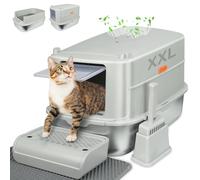 GOYJOY Caja de arena para gatos de acero inoxidable con tapa, caja de arena de metal cerrada XL para gatos, caja de arena extraíble de acero inoxidable cubierta, con pala de arena, pedal de pie y