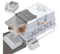 GOYJOY Caja de arena XXL de acero inoxidable con tapa, caja de arena de metal para gatos grandes, múltiples gatos, con pala de arena, pedal y alfombrilla de arena, control de olores, fácil limpieza