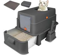 GOYJOY Cajas de arena cerradas de acero inoxidable para gatos, caja de arena plegable grande con tapa, caja de arena de acero inoxidable cubierta con capucha, fácil limpieza, sin fugas de orina