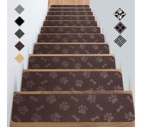 GOYLSER Alfombrillas para escaleras de Madera, Antideslizantes, seguras y con Doble Adhesivo para Ancianos, niños, Mascotas (76 x 20 cm, 15 Unidades, Patas de Perro marrón)