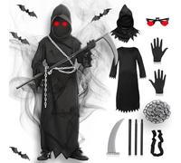 Gozuein Disfraz Muerte Halloween Niño - 7 Piezas con Túnica, Capucha, Guadaña y Gafas Luminosas - Disfraz de la Muerte 5-12 Años para Carnaval, Cosplay y Fiestas Escolares (S)