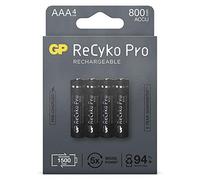 GP ReCyko Pro Batería AAA 800 mAh NiMH | 4 Pilas AAA Recargables de 1,2 V, precargadas Ready2use | desarrolladas para un Rendimiento óptimo en Dispositivos de Alta Potencia, Embalaje sin plástico