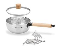 GPDNBIEU, Cacerola antiadherente martillada con tapa de vidrio, mango de madera y rejilla de goteo de aceite for cocina, cacerola profunda, cacerola for salsa de leche(A,20cm/7.9in)