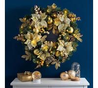 GPDNBIEU, Corona navideña Artificial preiluminada, Guirnalda de Tacto Real, con piñas, Bola roja, Flor, Decoraciones navideñas for Puerta, Pared y repisa(Gold,60cm/23.6in)