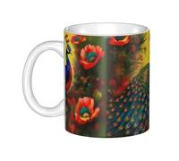 Gpkgsigt Taza de cerámica con estampado de flores de pavo real para capuchino, latte, cereales, yogur, leche, bebidas calientes o frías, horno de microondas