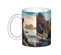 Gpkgsigt Taza de cerámica con estampado de león marino en las rocas para capuchino, latte, cereales, yogur, leche, bebidas calientes o frías, horno de microondas